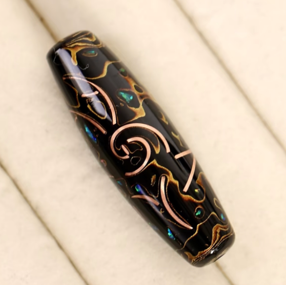 Kirin Lacquer Dzi Bead Pendant | Mother of Pearl & Copper Wire Inlay Urushi | Handcrafted Chinese Lacquerware Necklace