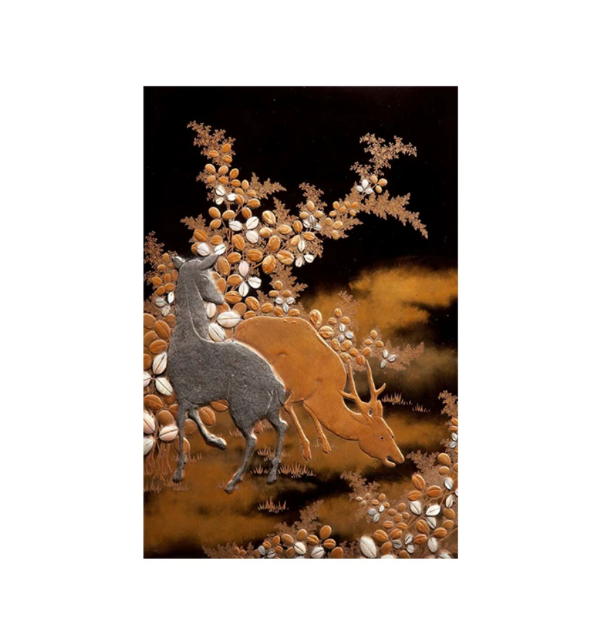 Advance-sale  White Deer Urushi Lacquer Wall Art | Hand-Painted Autumn Forest in Amber | Framed Chinese Lacquerware Wall Decor