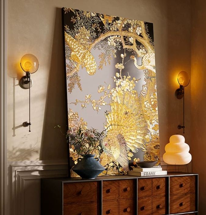 Advance-sale Golden Peacock Urushi Lacquer Wall Art | Hand-Painted Black & Gold Peony | Framed Chinese Lacquerware Wall Decor