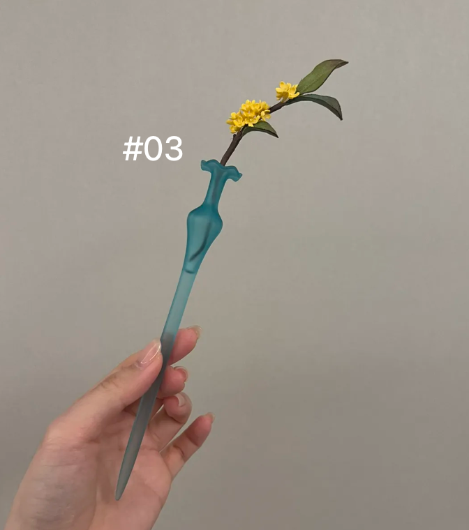 Wearable Mini Vase Hair Stick - Hair Pin for Fresh Flowers in Resin, Ebony Wood &amp; Celadon Porcelain