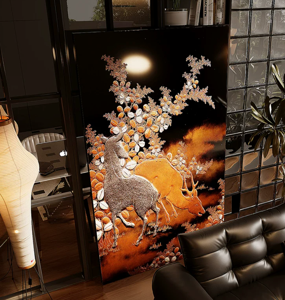 Advance-sale  White Deer Urushi Lacquer Wall Art | Hand-Painted Autumn Forest in Amber | Framed Chinese Lacquerware Wall Decor