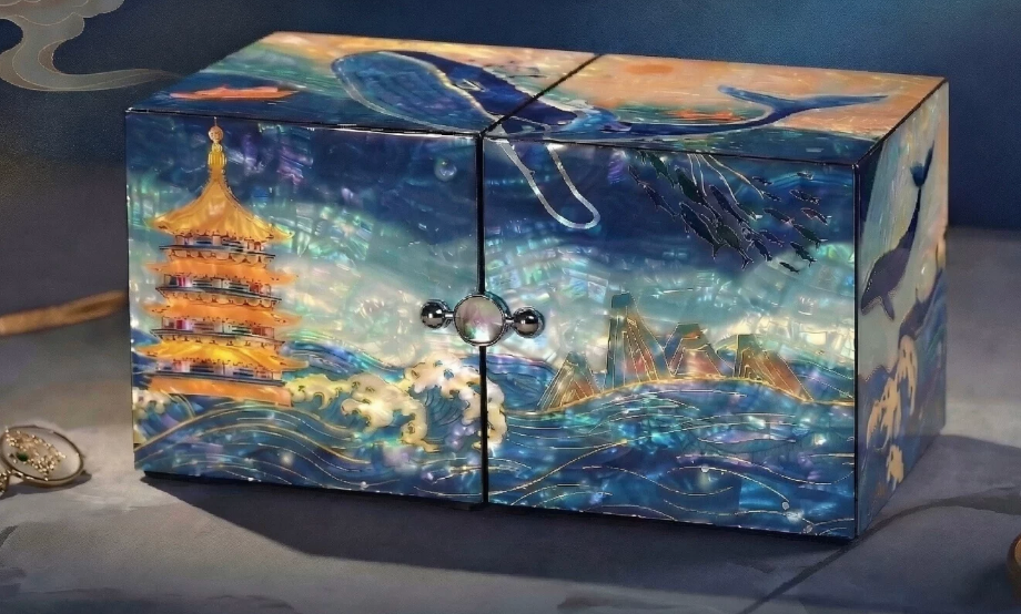 Blue Whale Flip-Open Mother of Pearl Jewelry Box | Iridescent Ocean Scene Inlay | Handcrafted Chinese Lacquerware Keepsake Box