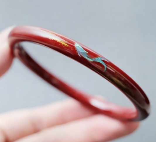 Koi Fish Mother of Pearl Lacquer Bangle | Vermillion Red Urushi Inlay | Handcrafted Chinese Lacquerware Bracelet