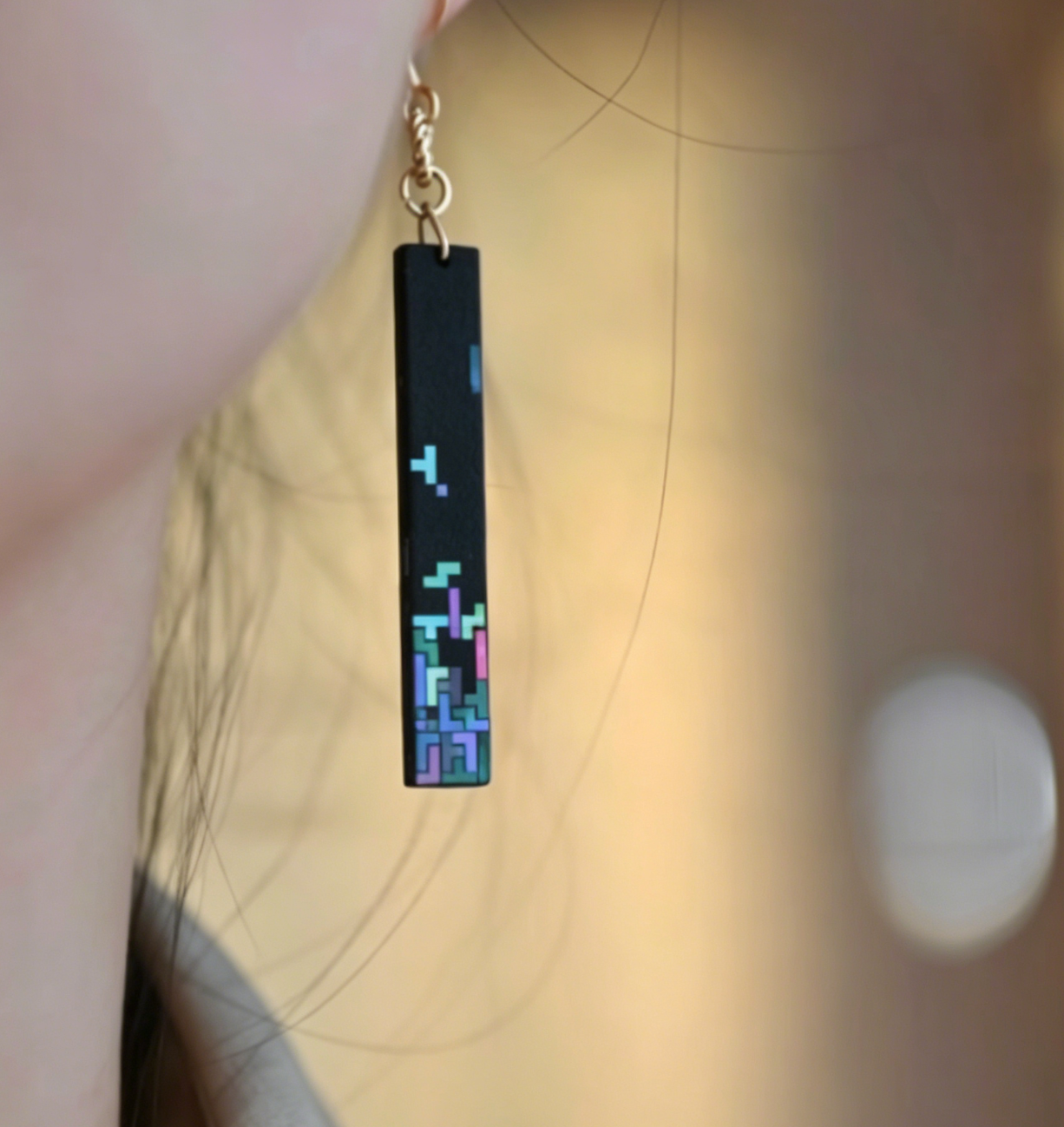 Tetris Pixel Mother of Pearl Drop Earrings | Iridescent Lacquer Game Inspired | Handcrafted Urushi Lacquerware Jewelry
