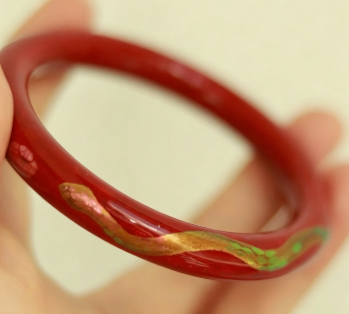 Green Snake Opal & Mother of Pearl Lacquer Bangle | Gold Hand-Painted Vermillion Urushi | Handcrafted Chinese Lacquerware Bracelet