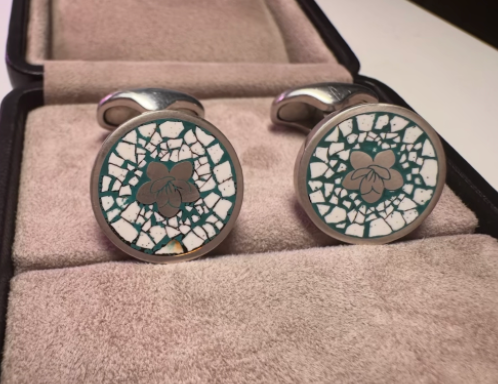 Advance-sale Urushi Lacquer Cufflinks | Teal & White Floral Crackle | Handcrafted Silver-Tone Chinese Lacquerware Cufflinks