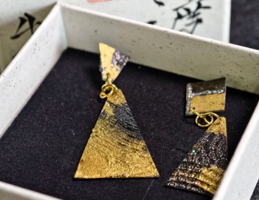 Gold & Black Geometric Maki-e Lacquer Drop Earrings | Statement Square & Triangle Dangle | Handcrafted Urushi Lacquerware Earrings