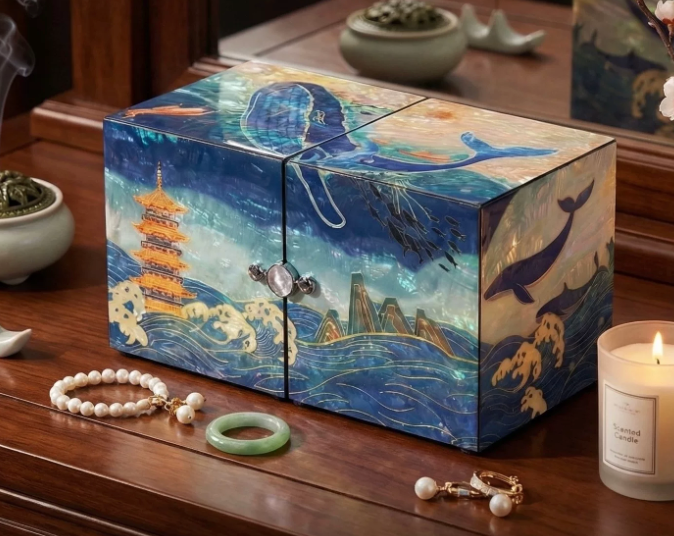 Blue Whale Flip-Open Mother of Pearl Jewelry Box | Iridescent Ocean Scene Inlay | Handcrafted Chinese Lacquerware Keepsake Box