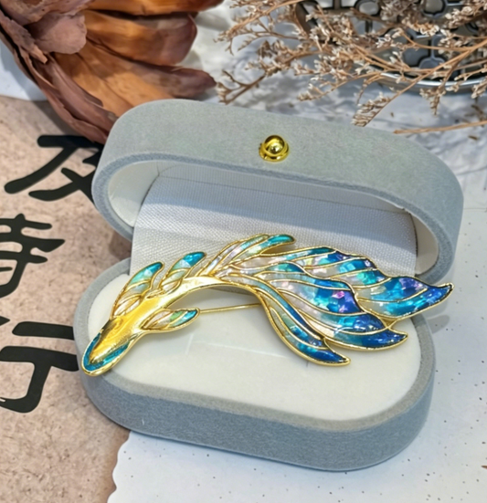 Koi Fish Mother of Pearl Brooch | Iridescent Blue & Gold Lacquer Scales | Handcrafted Chinese Lacquerware Pin
