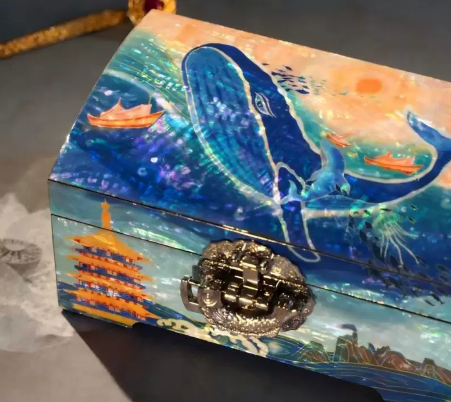 Blue Whale Mother of Pearl Jewelry Box | Full-Inlay Iridescent Lacquerware | Handcrafted Fantasy Ocean Keepsake Box