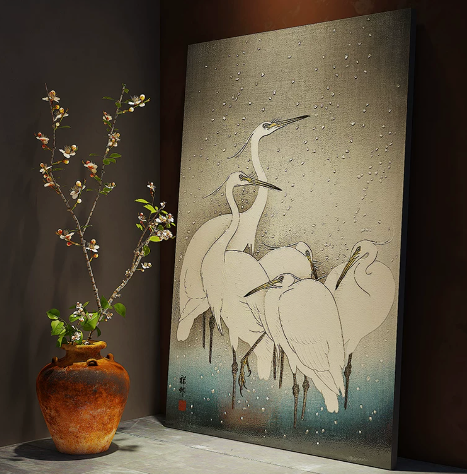 Advance-sale White Egret Urushi Lacquer Wall Art | Hand-Painted Wabi-Sabi Crane in Snow | Framed Japanese-Inspired Lacquerware Wall Decor