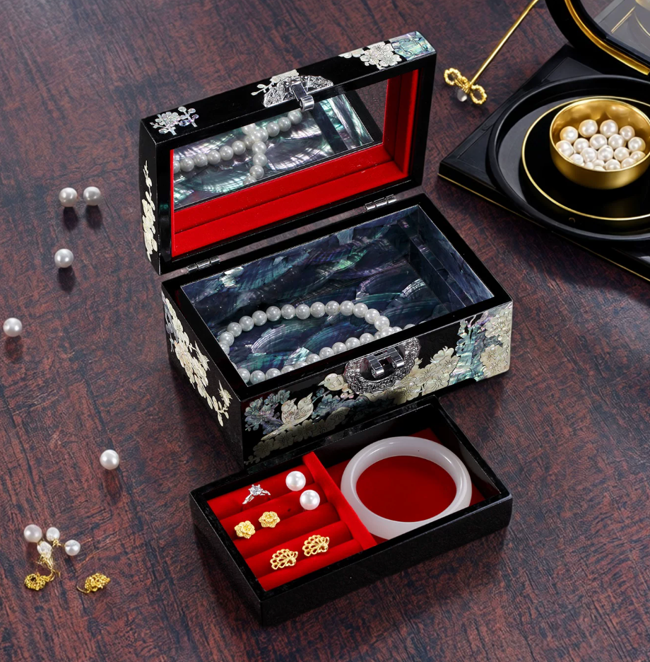 Black Lacquer Mother of Pearl Jewelry Box | Plum Blossom & Bird Inlay | Double-Layer Chinese Lacquerware Keepsake Box
