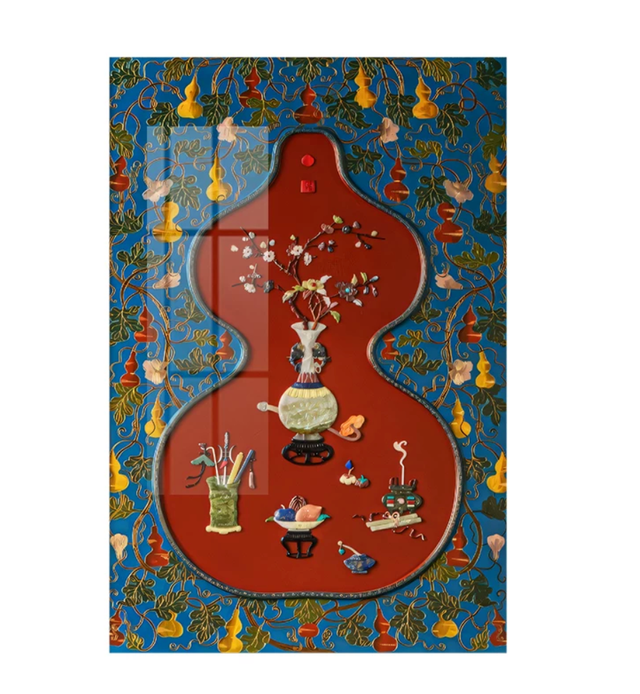 Advance-sale Gourd Vase Urushi Lacquer Wall Art | Hand-Painted Blue & Red Chinese Chinoiserie | Framed Traditional Lacquerware Wall Decor