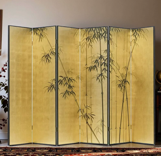 Advance sale-Classic Coromandel Wood Screen,New Chinese Style Folding Screen, Gold Foil Bamboo Painted Lacquer Art, Movable Room Divider Wall Decor for Living Room