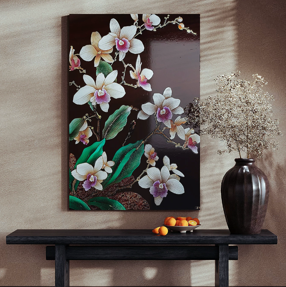 Advance-sale White Orchid Urushi Lacquer Wall Art | Hand-Painted Black & White Floral Botanical | Framed Chinese Lacquerware Wall Decor