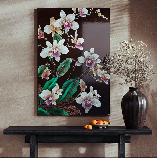 Advance-sale White Orchid Urushi Lacquer Wall Art | Hand-Painted Black & White Floral Botanical | Framed Chinese Lacquerware Wall Decor