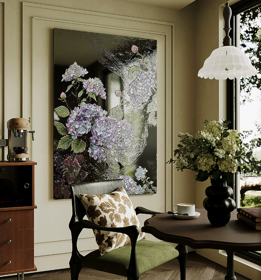 Advance-sale Purple Hydrangea Urushi Lacquer Wall Art | Hand-Painted Black & Violet Floral Botanical | Framed Lacquerware Wall Decor