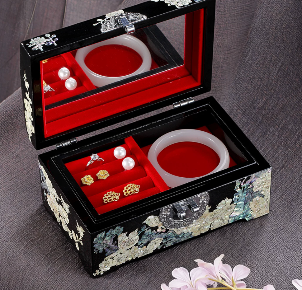 Black Lacquer Mother of Pearl Jewelry Box | Plum Blossom & Bird Inlay | Double-Layer Chinese Lacquerware Keepsake Box