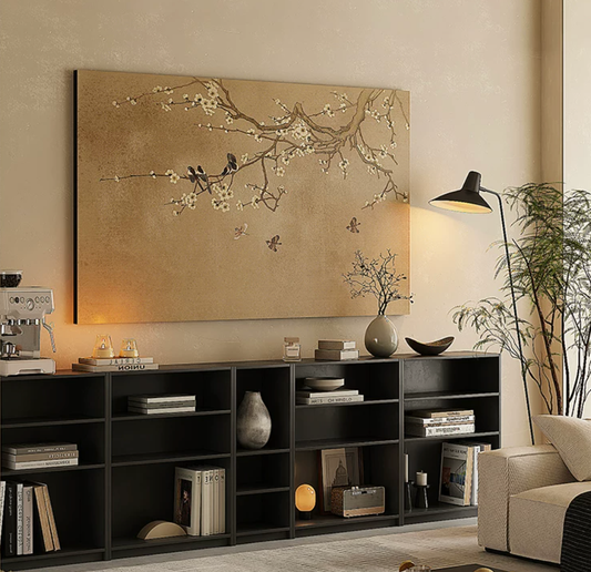 Advance-sale Magpie & Plum Blossom Urushi Lacquer Wall Art | Hand-Painted Gold & White Song Dynasty Style | Framed Chinese Lacquerware Wall Decor