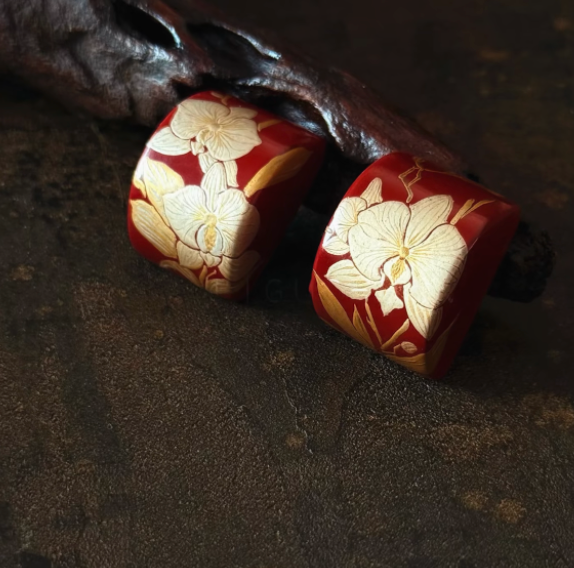Orchid Maki-e Lacquer Stud Earrings | Red & Gold Hand-Painted Wooden | Handcrafted chinese-Inspired Urushi Lacquerware Earrings