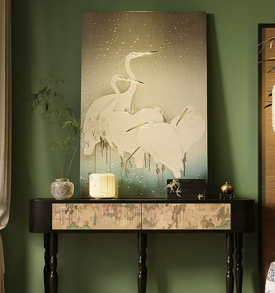 Advance-sale White Egret Urushi Lacquer Wall Art | Hand-Painted Wabi-Sabi Crane in Snow | Framed Japanese-Inspired Lacquerware Wall Decor