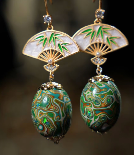 Fan & Jade Bead Rhinoceros Skin Lacquer Drop Earrings | Bamboo Motif Mother of Pearl | Handcrafted Urushi Lacquerware Statement Earrings