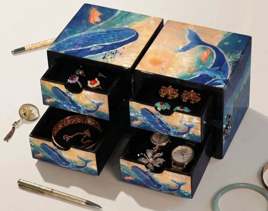 Blue Whale Flip-Open Mother of Pearl Jewelry Box | Iridescent Ocean Scene Inlay | Handcrafted Chinese Lacquerware Keepsake Box