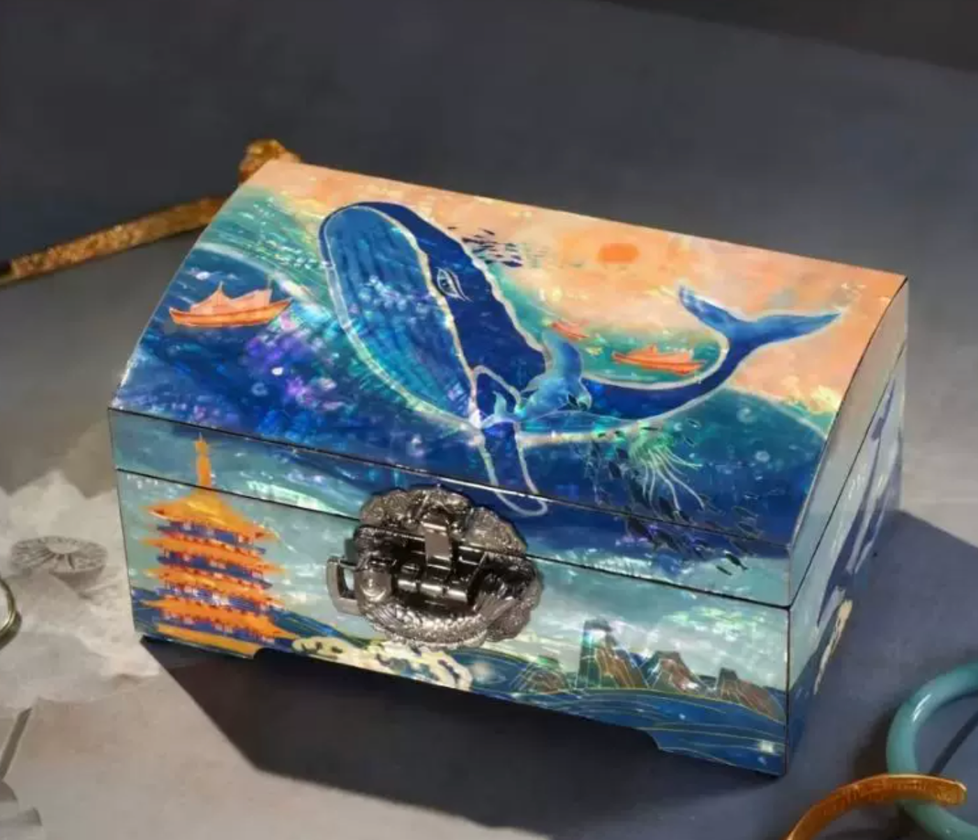 Blue Whale Mother of Pearl Jewelry Box | Full-Inlay Iridescent Lacquerware | Handcrafted Fantasy Ocean Keepsake Box