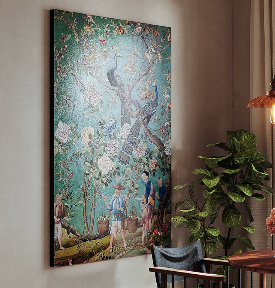 Advance-sale Peacock & Peony Chinoiserie Lacquer Wall Art | Hand-Painted Teal Garden Scene | Framed Chinese Lacquerware Wall Decor