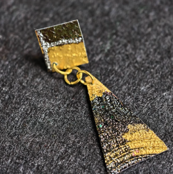 Gold & Black Geometric Maki-e Lacquer Drop Earrings | Statement Square & Triangle Dangle | Handcrafted Urushi Lacquerware Earrings