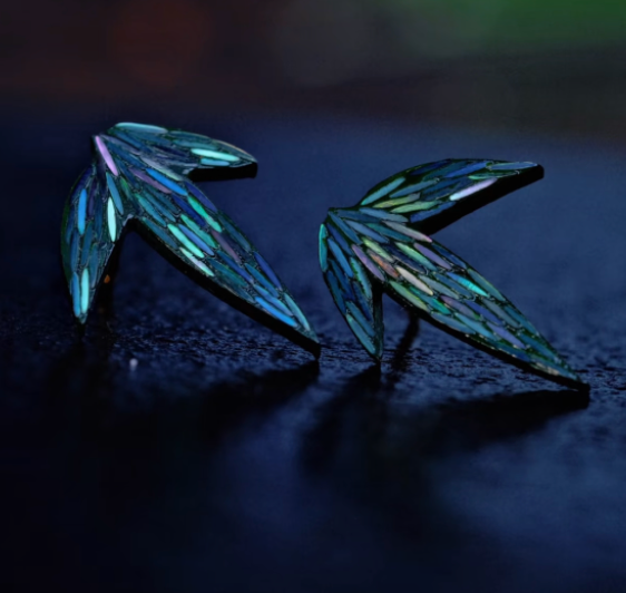 Bamboo Leaf Mother of Pearl Stud Earrings | Iridescent Urushi Lacquer 925 Silver | Handcrafted Chinese Lacquerware Jewelry