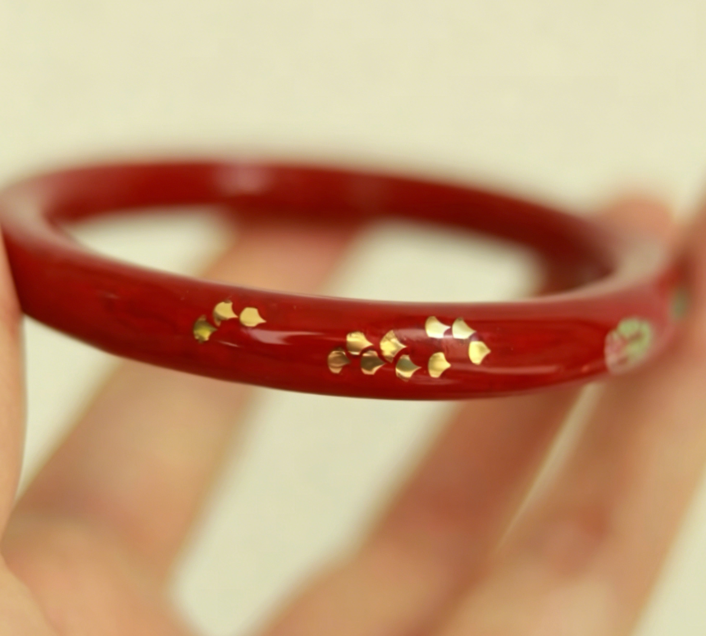 Green Snake Opal & Mother of Pearl Lacquer Bangle | Gold Hand-Painted Vermillion Urushi | Handcrafted Chinese Lacquerware Bracelet