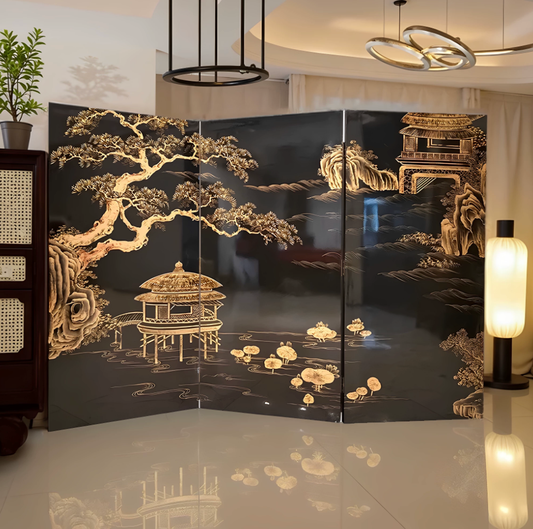 Advance sale-Classic Coromandel Wood Screen,Vintage Chinese Hand-Painted Lacquer Folding Screen, Landscape Art Partition for Entryway, Living Room & Hotel
