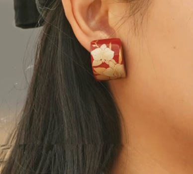 Orchid Maki-e Lacquer Stud Earrings | Red & Gold Hand-Painted Wooden | Handcrafted chinese-Inspired Urushi Lacquerware Earrings