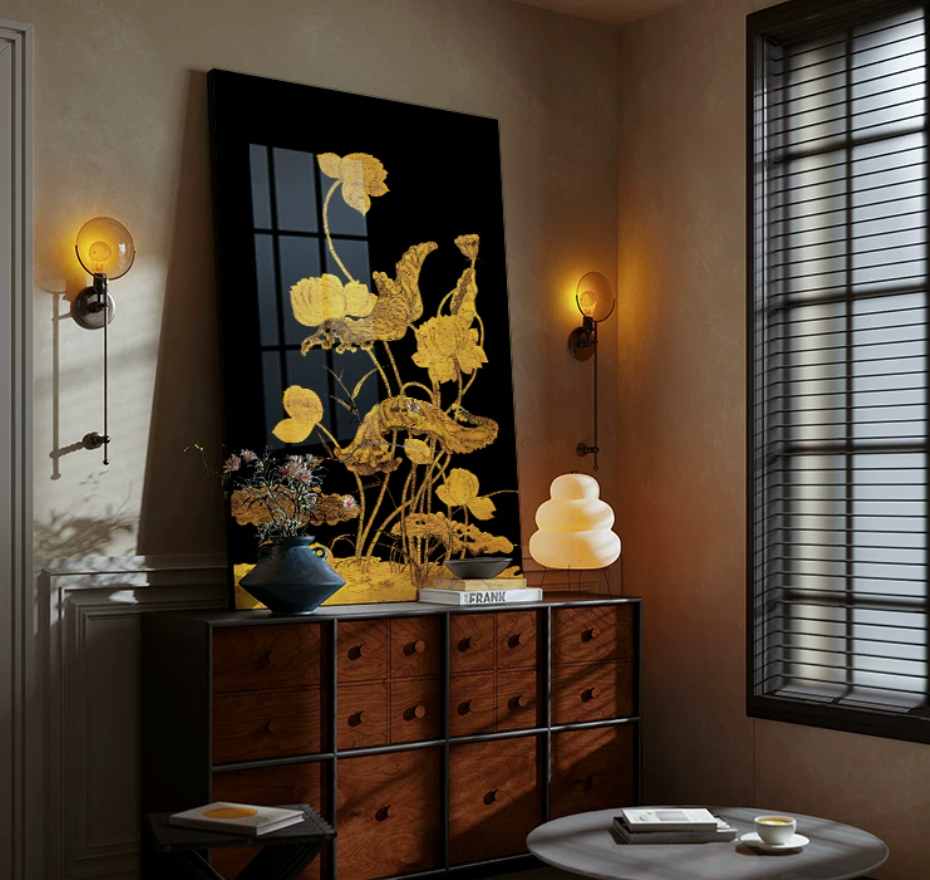 Advance -sale Gold Lotus Urushi Lacquer Wall Art | Hand-Painted Black & Gold Chinese Botanical | Framed Traditional Lacquerware Wall Decor