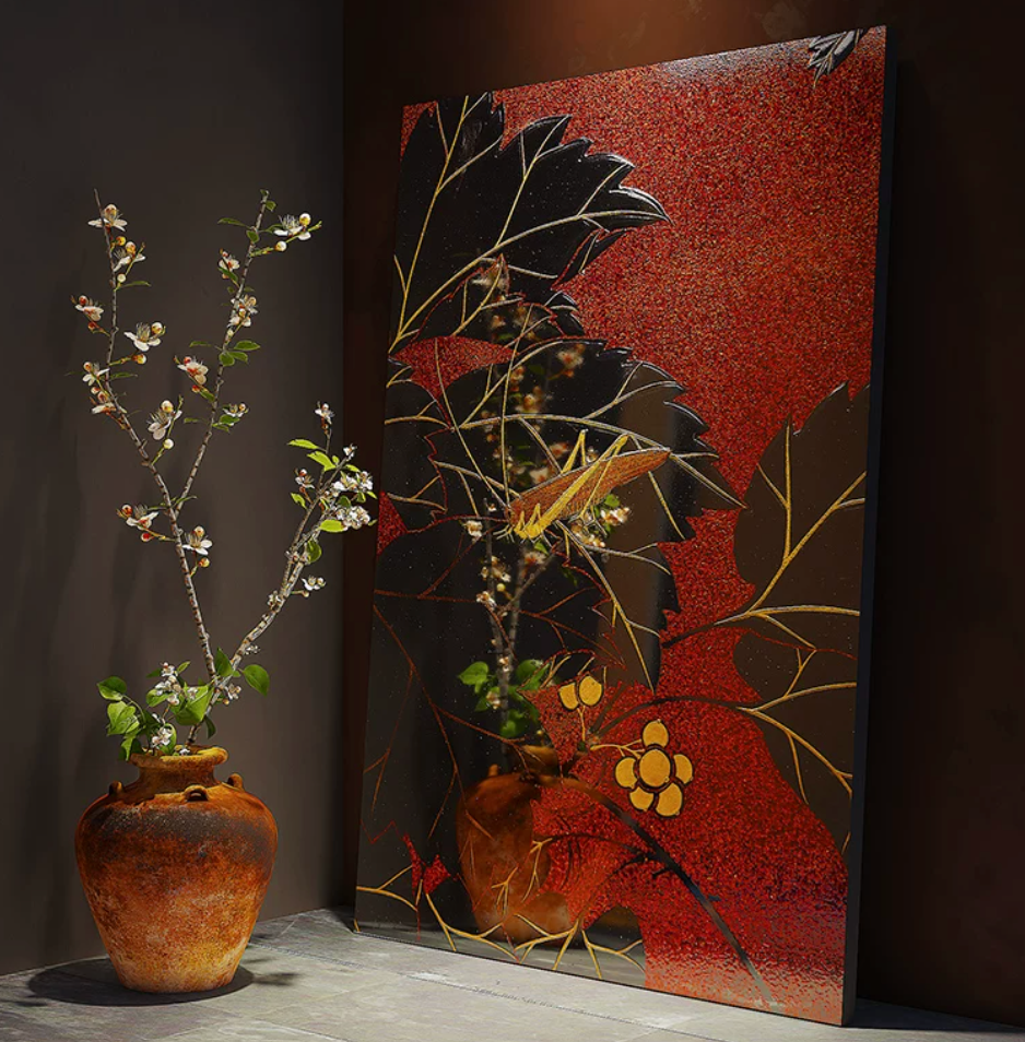Advance-sale Mantis on Autumn Leaves Urushi Lacquer Wall Art | Hand-Painted Black & Red Japanese Botanical | Framed Lacquerware Wall Decor