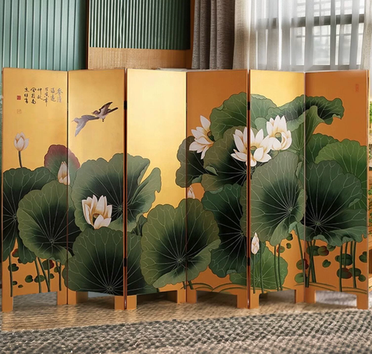 Advance sale-Classic Coromandel Wood Screen,Hand-Painted Lotus Folding Screen | 6-Panel Gold Lacquer Room Divider |  Botanical Art