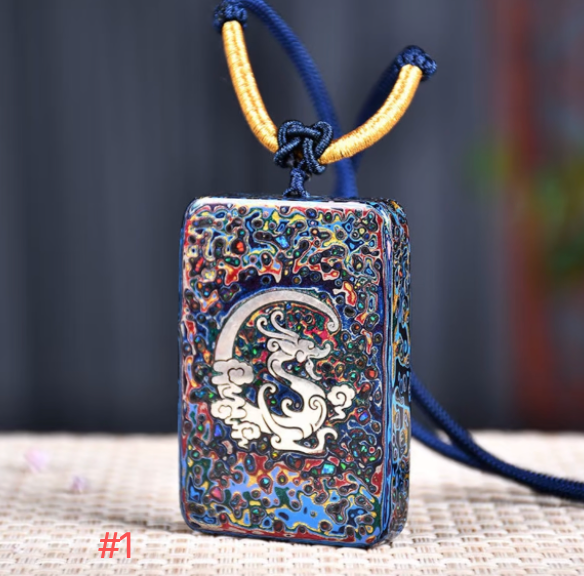 Peace Tablet Dragon Sterling Silver Rhinoceros Skin Lacquer Pendant | Multicolor Qipi Lacquer Rectangle Charm | Handcrafted Urushi Lacquerware Necklace