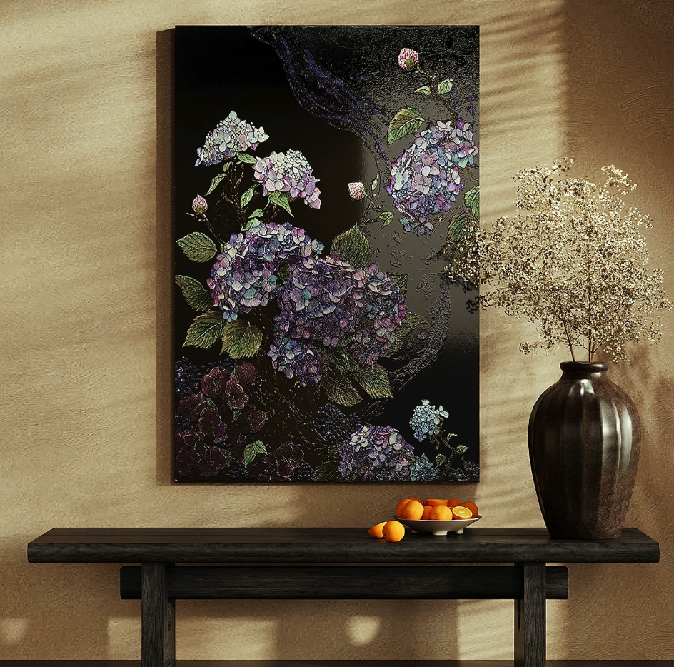 Advance-sale Purple Hydrangea Urushi Lacquer Wall Art | Hand-Painted Black & Violet Floral Botanical | Framed Lacquerware Wall Decor