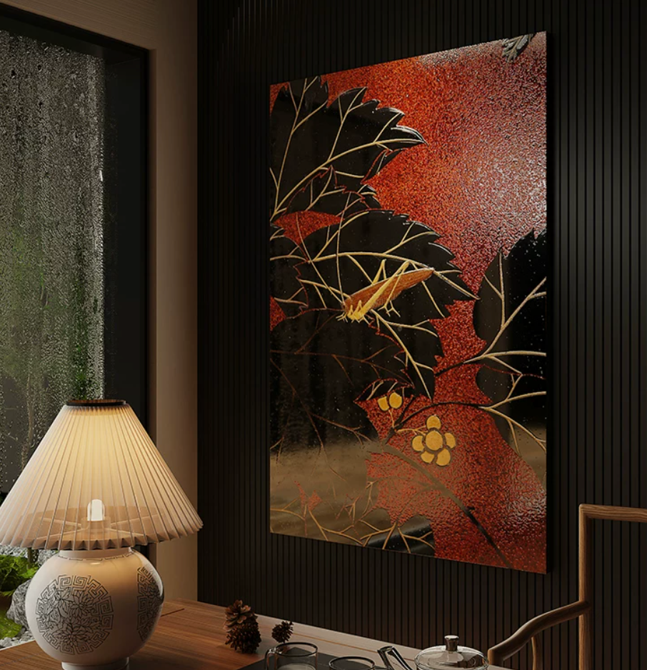 Advance-sale Mantis on Autumn Leaves Urushi Lacquer Wall Art | Hand-Painted Black & Red Japanese Botanical | Framed Lacquerware Wall Decor
