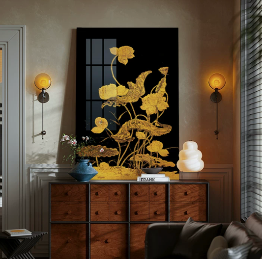 Advance -sale Gold Lotus Urushi Lacquer Wall Art | Hand-Painted Black & Gold Chinese Botanical | Framed Traditional Lacquerware Wall Decor