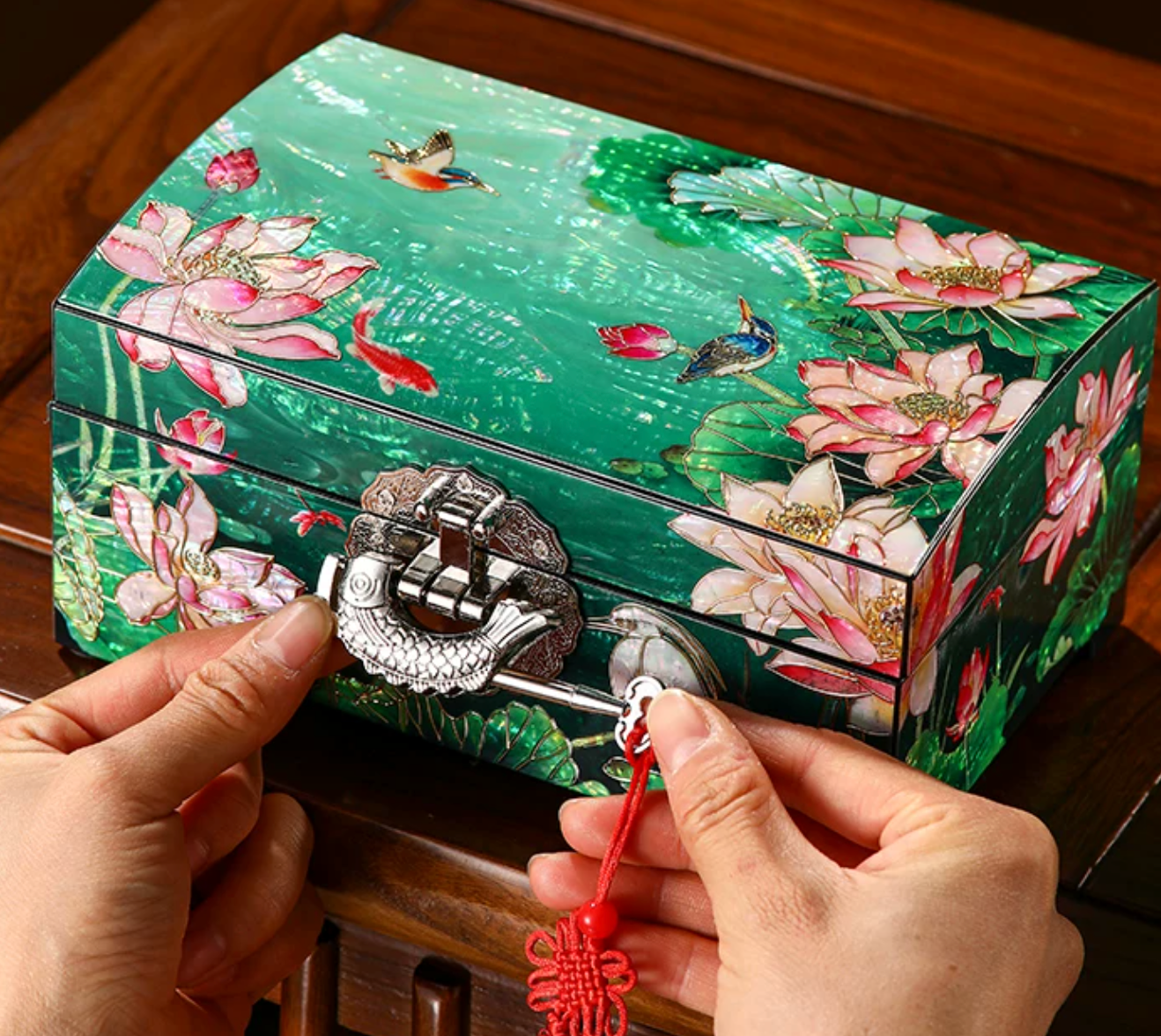 Lotus & Crane Mother of Pearl Jewelry Box | Double-Door Chinese Lacquerware | Handcrafted Emerald Green Floral Inlay Keepsake Box