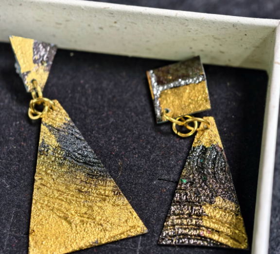 Gold & Black Geometric Maki-e Lacquer Drop Earrings | Statement Square & Triangle Dangle | Handcrafted Urushi Lacquerware Earrings