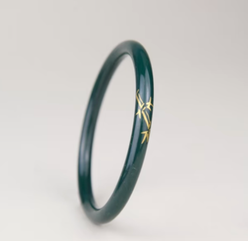 Bamboo Shadow Urushi Lacquer Bangle | Gold on Emerald Green Hand-Painted | Handcrafted Chinese Lacquerware Unisex Bracelet