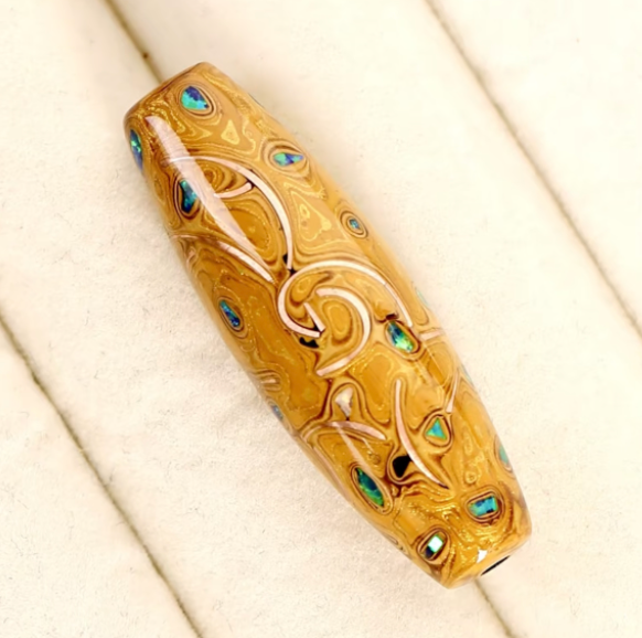 Kirin Lacquer Dzi Bead Pendant | Mother of Pearl & Copper Wire Inlay Urushi | Handcrafted Chinese Lacquerware Necklace