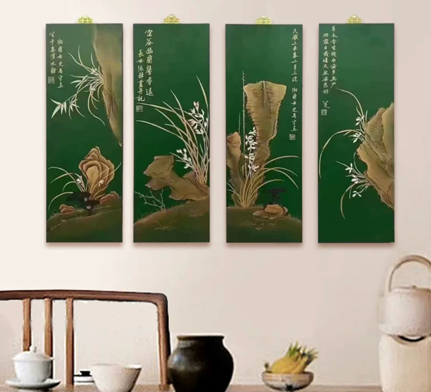 Advance sale-Classic Coromandel wall holding urushi Screen decor,Chinese Lacquer Wall Panels Set of 4 | Gold Hand-Painted Four Seasons Botanicals | Luxury Asian Wall Decor