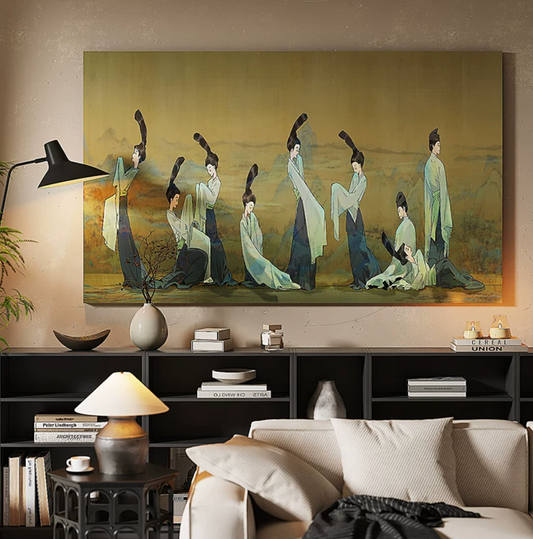 Advance-sale Song Dynasty Court Ladies Urushi Lacquer Wall Art | Hand-Painted Celadon Green Figure Painting | Framed Chinese Lacquerware Wall Decor
