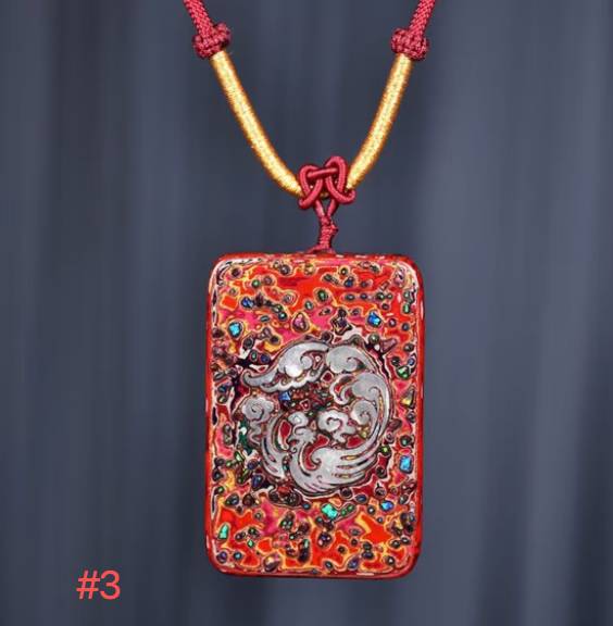 Peace Tablet Dragon Sterling Silver Rhinoceros Skin Lacquer Pendant | Multicolor Qipi Lacquer Rectangle Charm | Handcrafted Urushi Lacquerware Necklace