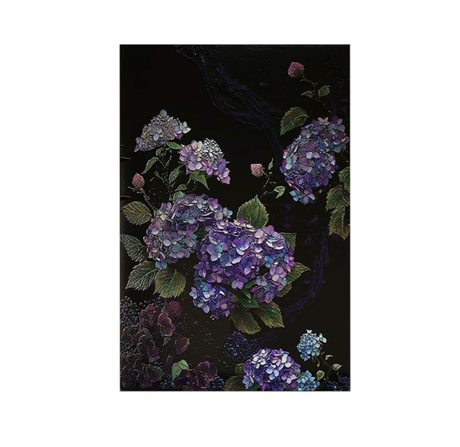 Advance-sale Purple Hydrangea Urushi Lacquer Wall Art | Hand-Painted Black & Violet Floral Botanical | Framed Lacquerware Wall Decor