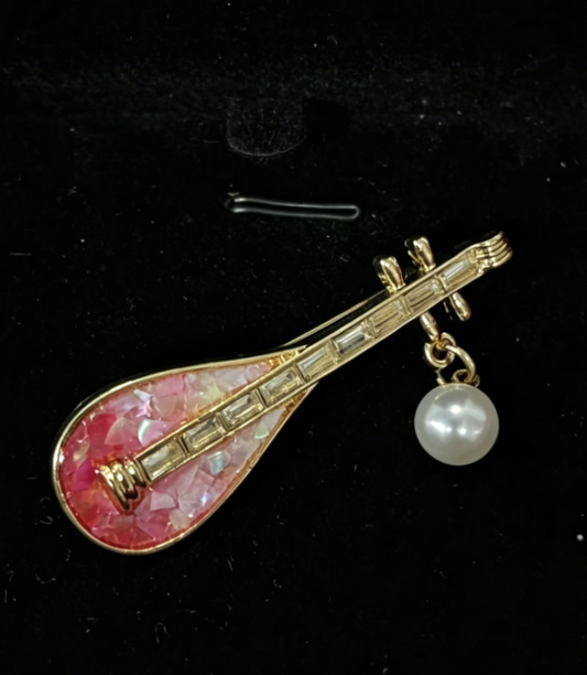 Pipa Lute Mother of Pearl & Pearl Brooch | Pink Iridescent Chinese Instrument | Handcrafted Lacquerware Music Pin